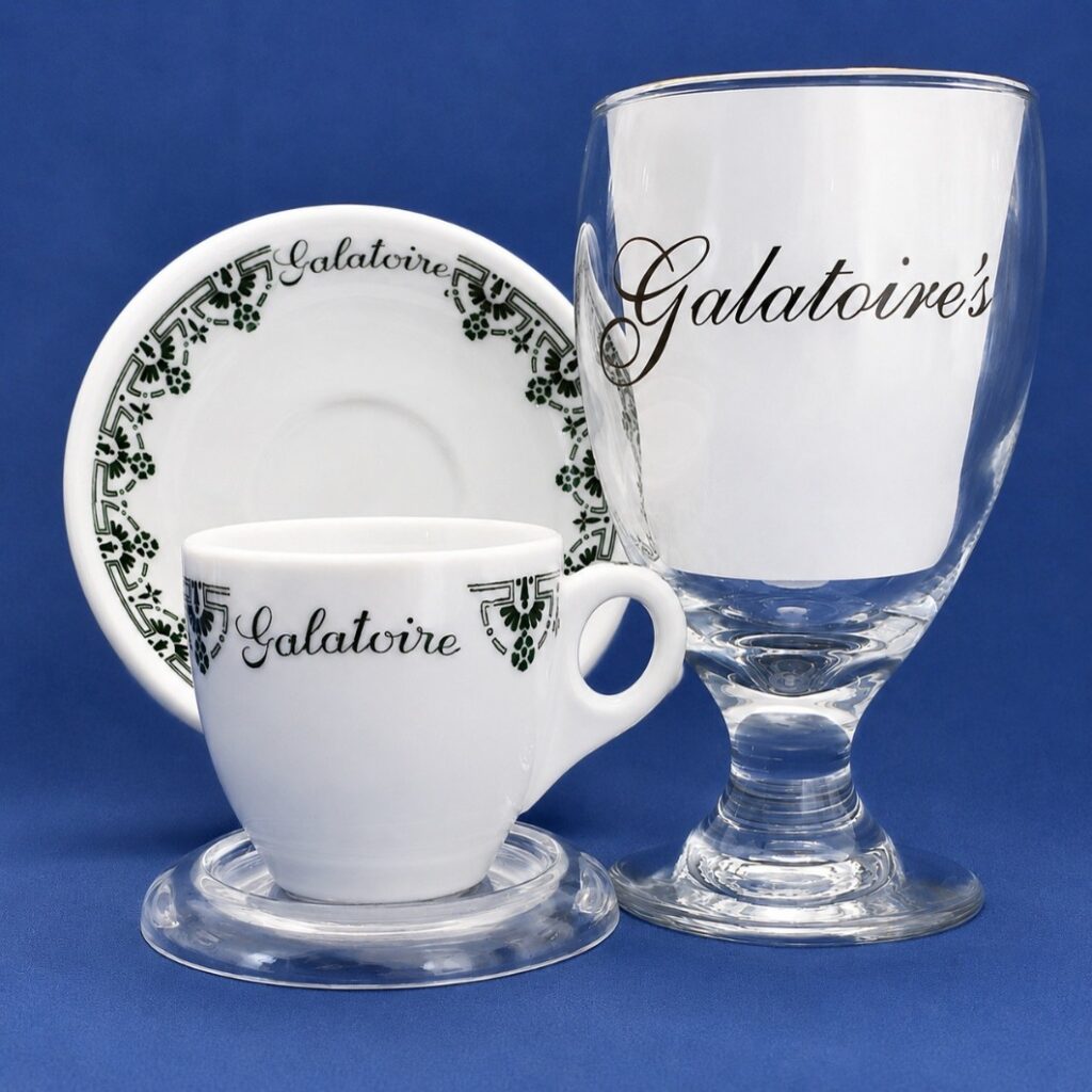 Galatoire's restaurant cup, saucer, and glass from the New Orleans collection.
